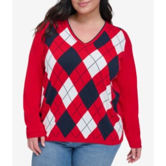 Tommy Hilfiger Sweater Woman's Size XXL 2X Long Sleeve Plaid Ivy Argyle Prep 56 - Picture 1 of 6